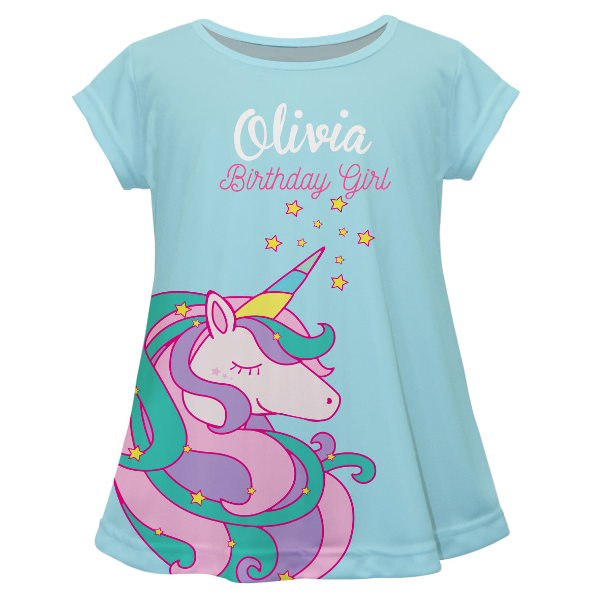 Unicorn Birthday Girl Name Light Blue Short Sleeve Laurie Top