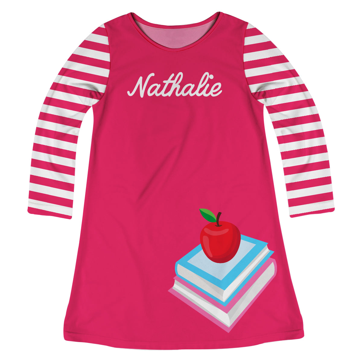 Books and Apple Personalized Name Hot Pink Long Sleeve A line Dress