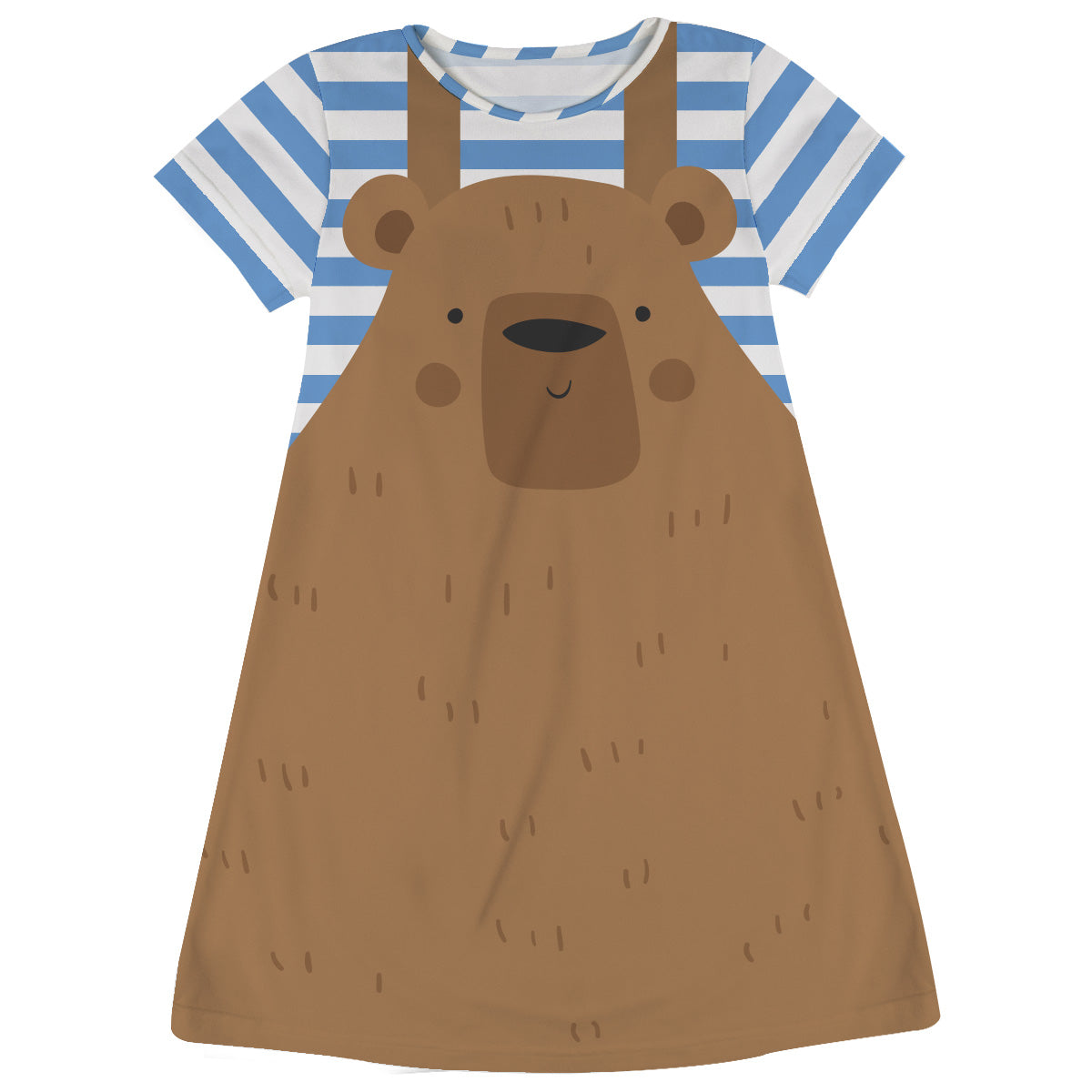 Bear Brown White and Light Blue Stripes Short Sleeve A Line Dress