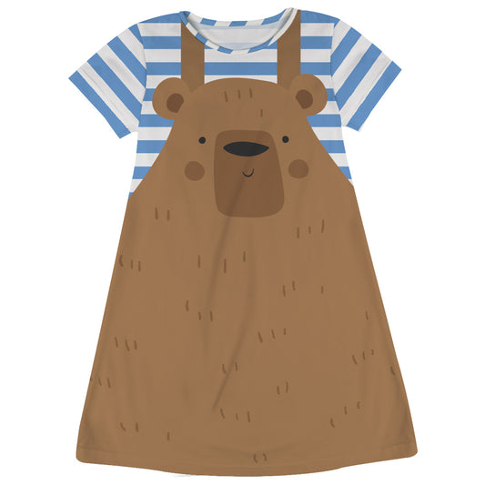 Bear Brown White and Light Blue Stripes Short Sleeve A Line Dress