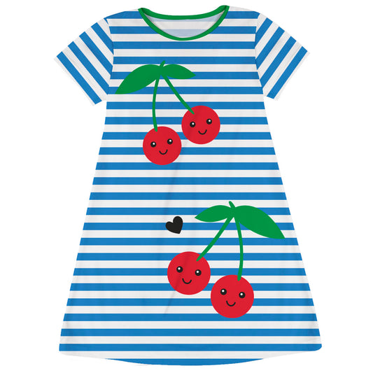 Cherries Blue and White Stripes Short Sleeve A Line Dress