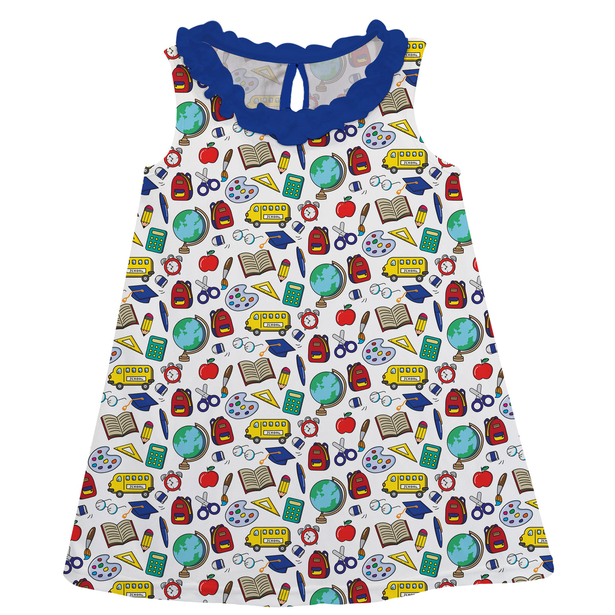 School Print White and Blue A Line Dress - Wimziy&Co.