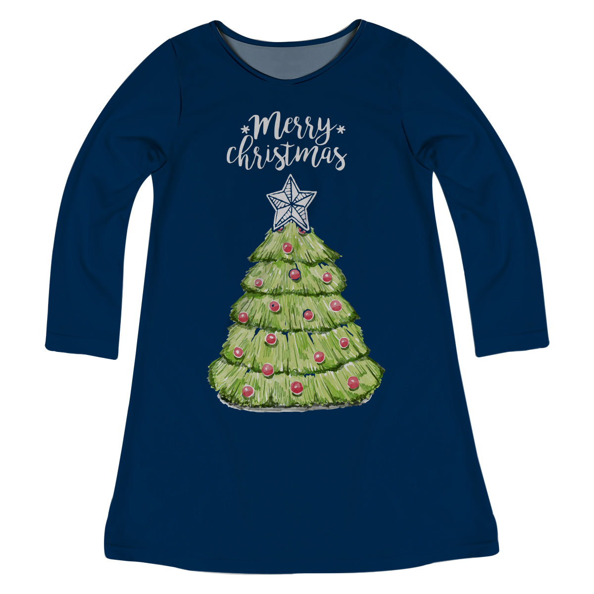 Christmas Tree Navy Long Sleeve A Line Dress