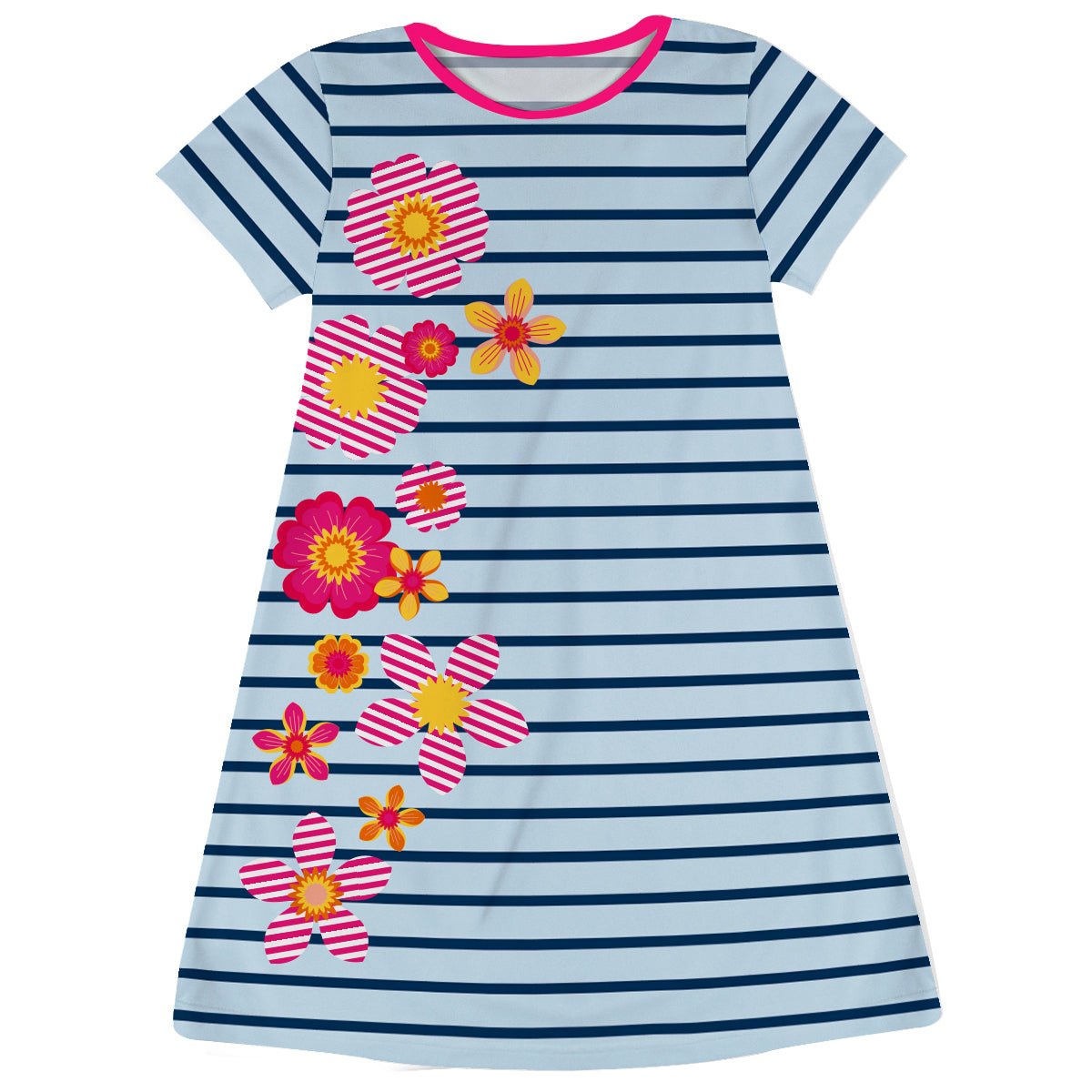 Flowers Light Blue and Navy Stripes A Line Dress