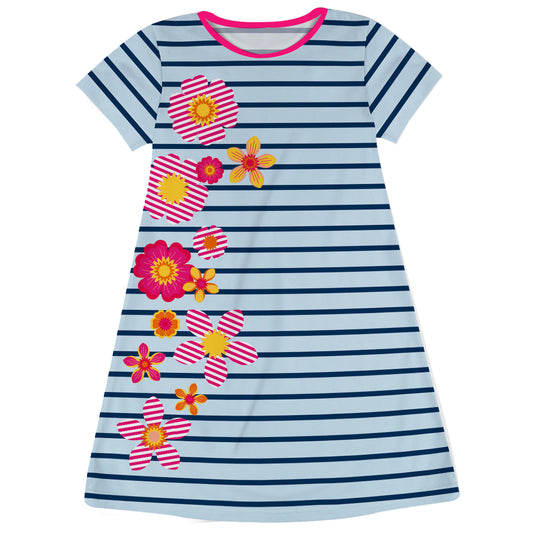 Flowers Light Blue and Navy Stripes A Line Dress