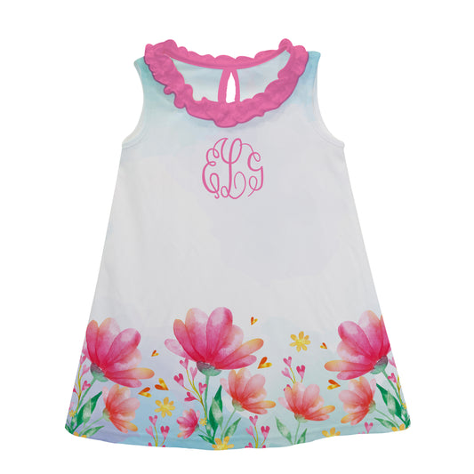 Flowers Personalized Monogram White and Light Blue Degrade A Line Dress