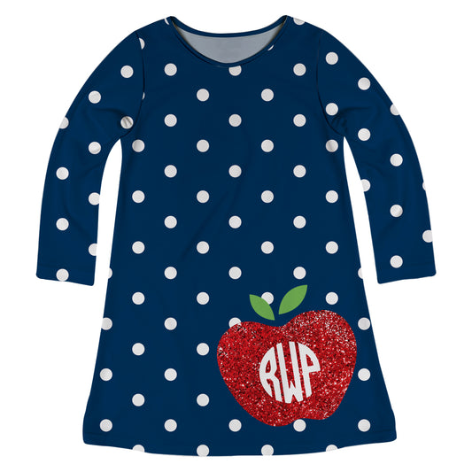 Glitter Apple Monogram Navy Polka Dots Long Sleeve A Line Dress - Wimziy&Co.