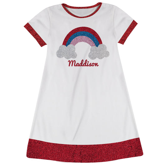 Glitter Rainbow Personalized Name White and Red A Line Dress - Wimziy&Co.