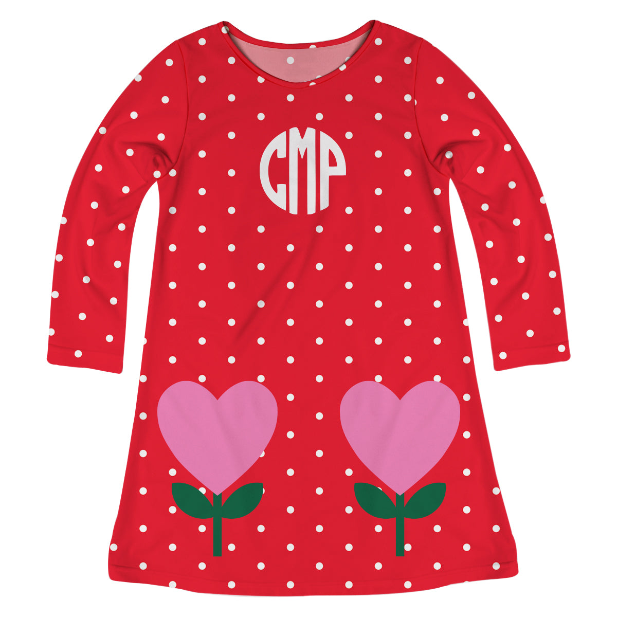 Heart Personalized Monogram Red and White Polka Dots Long Sleeve A Line Dress