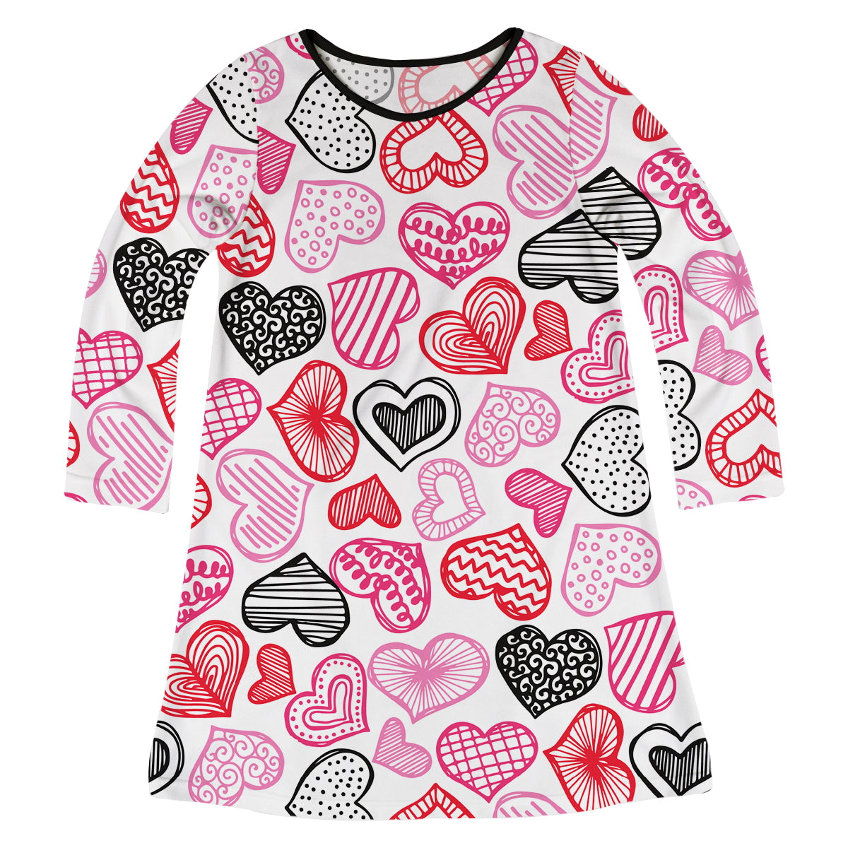 Hearts Print White and Black Long Sleeve A Line Dress