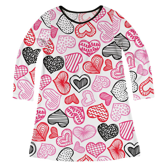 Hearts Print White and Black Long Sleeve A Line Dress