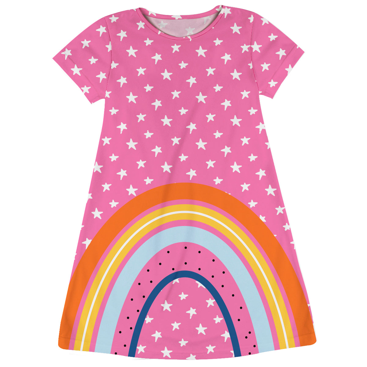 Rainbow and Stars Print Pink Short Sleeve A Line Dress - Wimziy&Co.