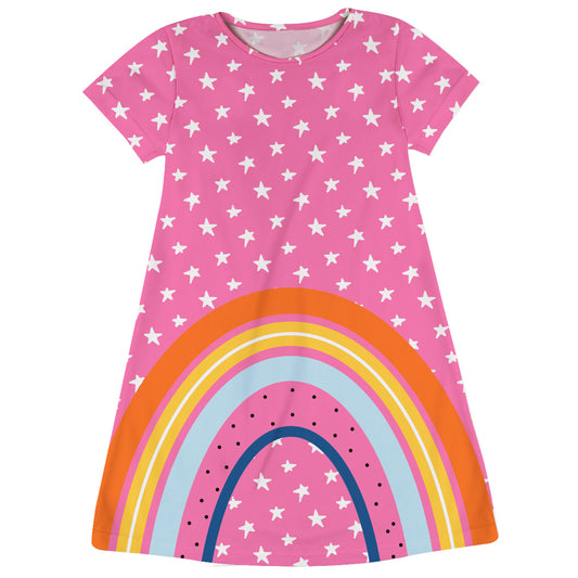 Rainbow and Stars Print Pink Short Sleeve A Line Dress - Wimziy&Co.