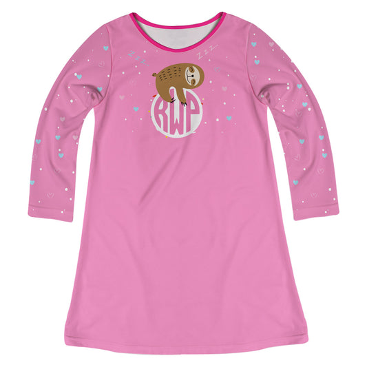 Sloth And Monogram Pink Long Sleeve A Line Dress - Wimziy&Co.