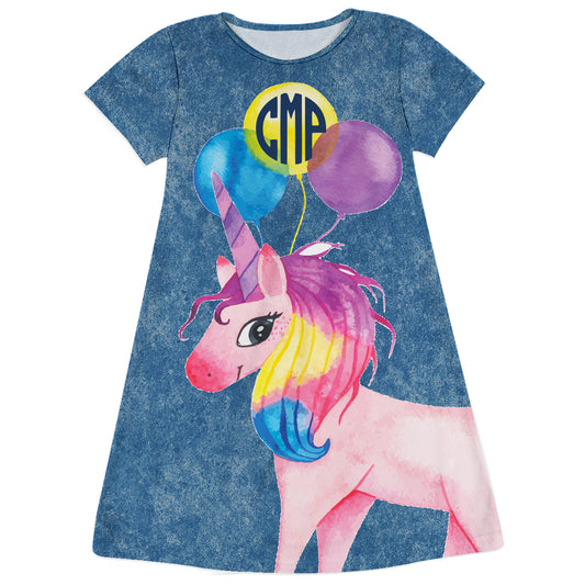 Unicorn Monogran Blue Denim Short Sleeve A Line Dress