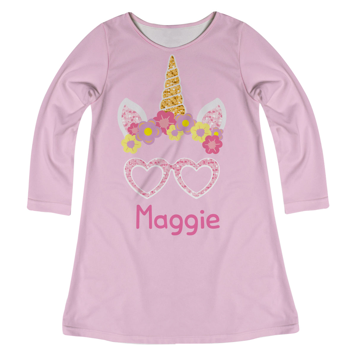 Unicorn Personalized Name Pink Long Sleeve A Line A Dress