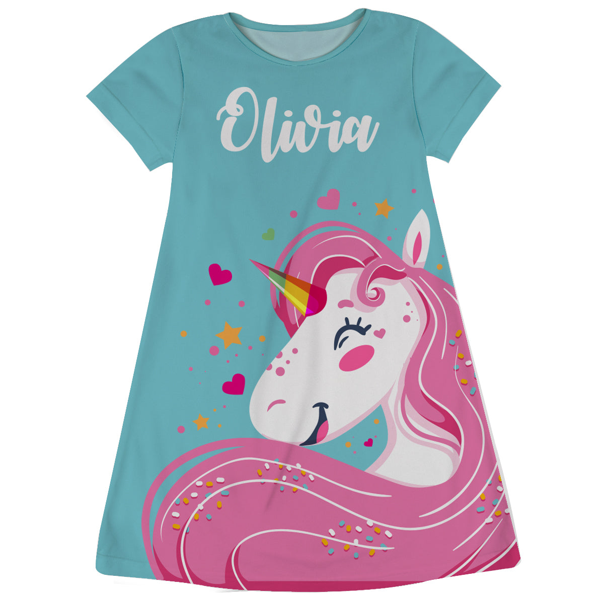 Happy Unicorn Personalized Name Light Blue Short Sleeve A Line Dress
