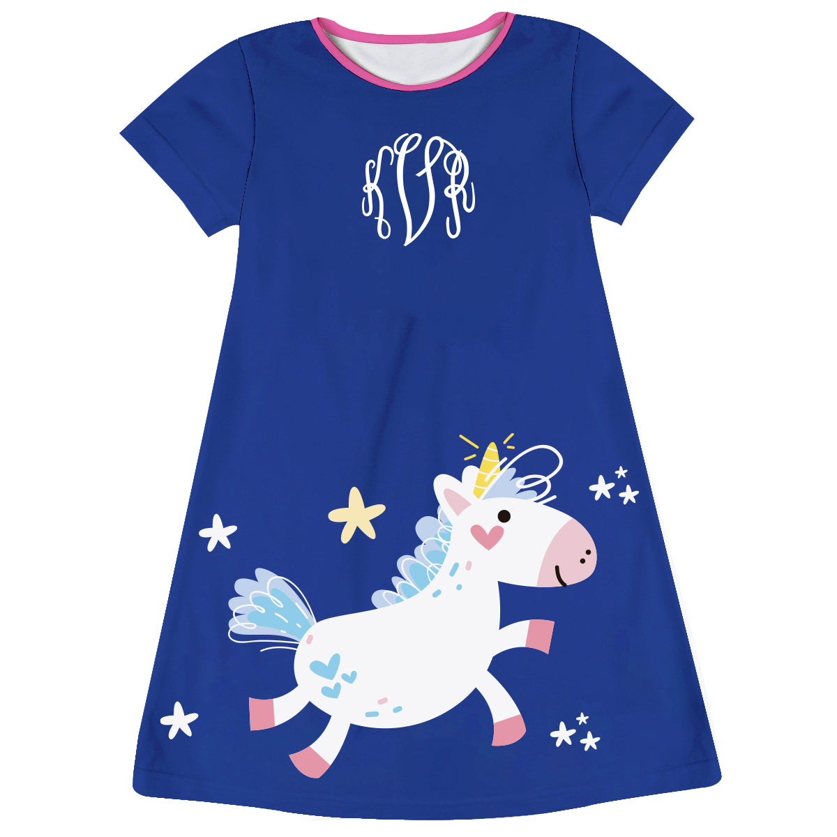 Unicorn Monogram Royal Short Sleeve A Line Dress