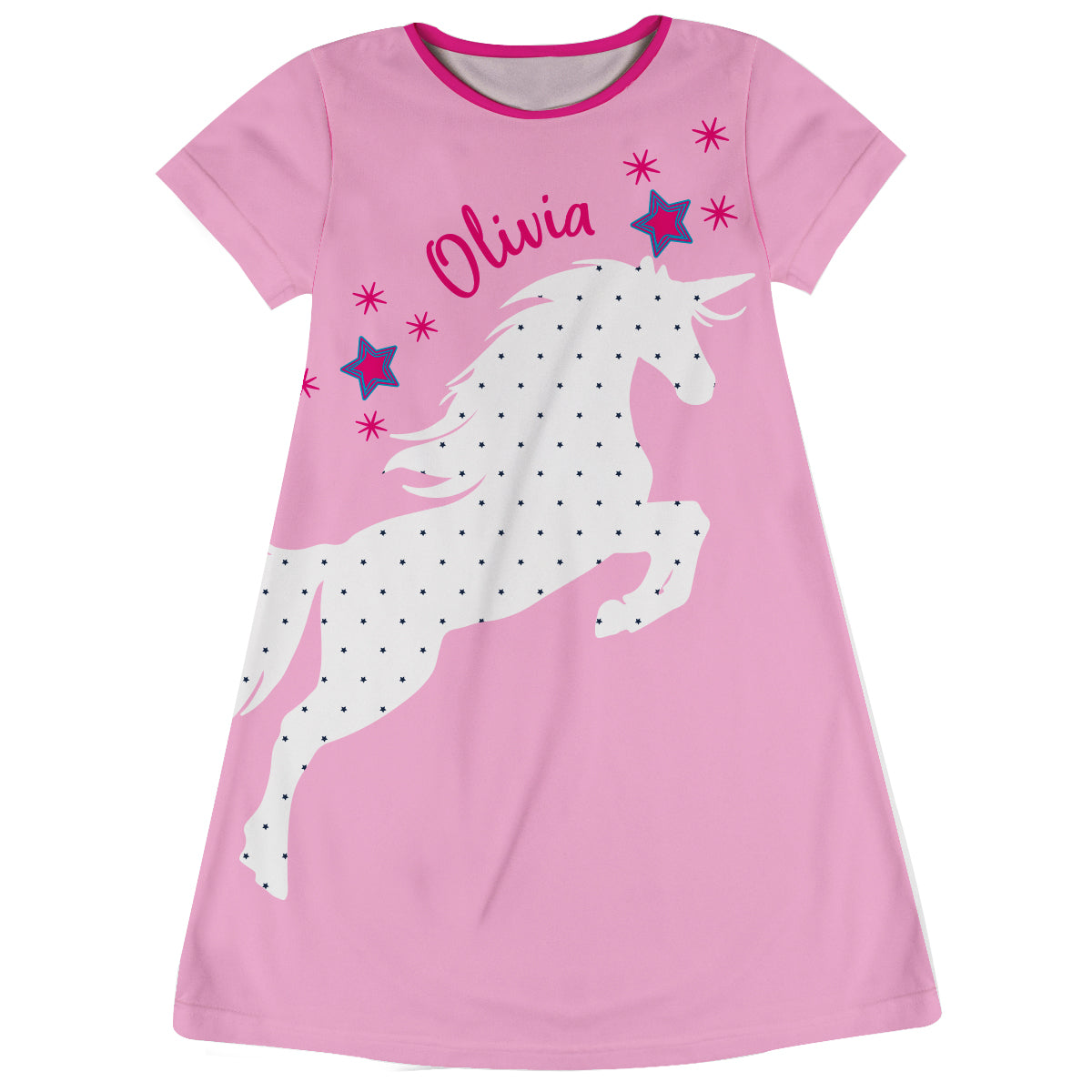 Unicorn Stars Personalized Name Pink Short Sleeve A Line Dress