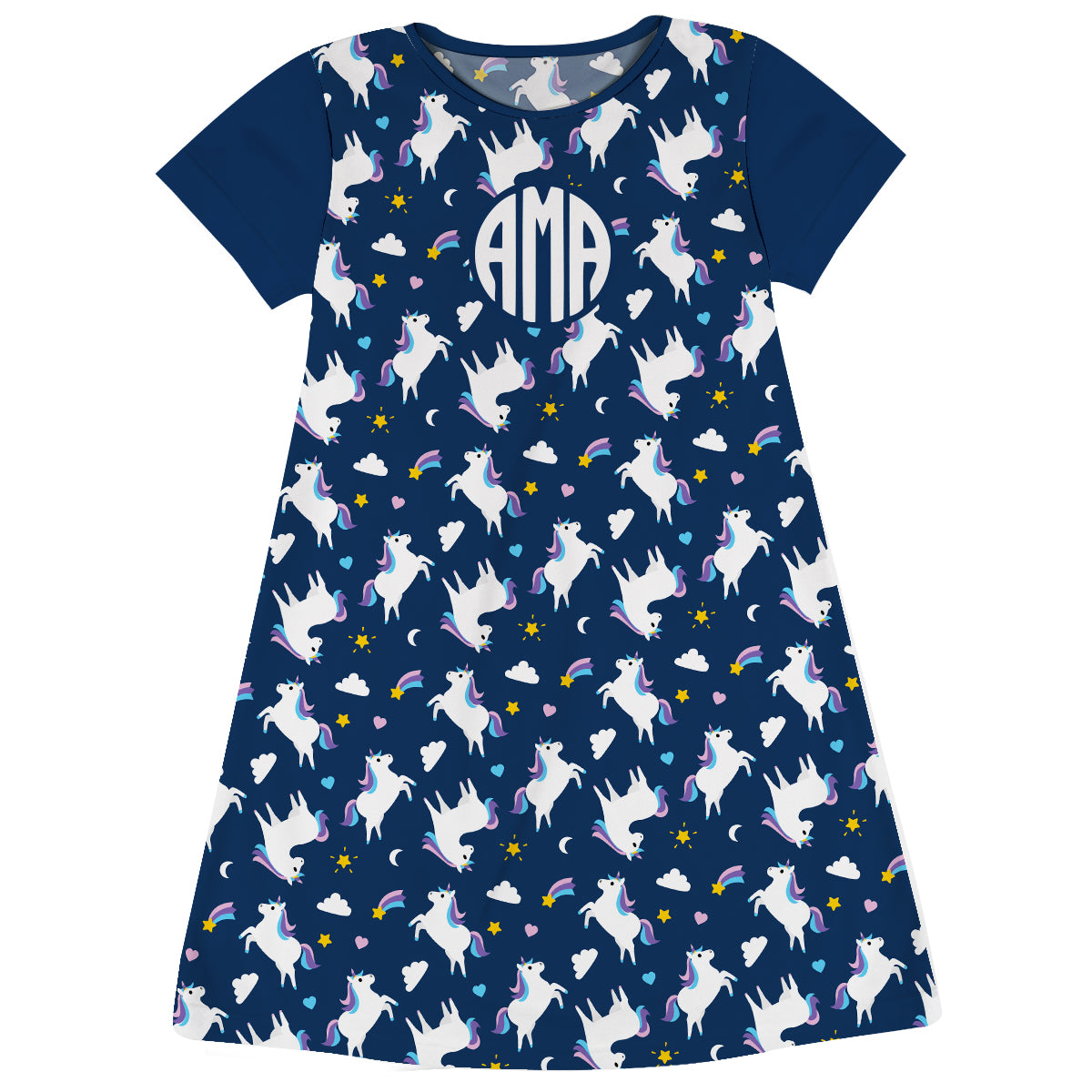 Unicorn Print Monogram Navy Short Sleeve A Line Dress