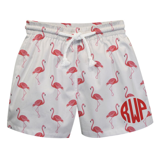 Flamingos Print Personalized Monogram White Swimtrunk