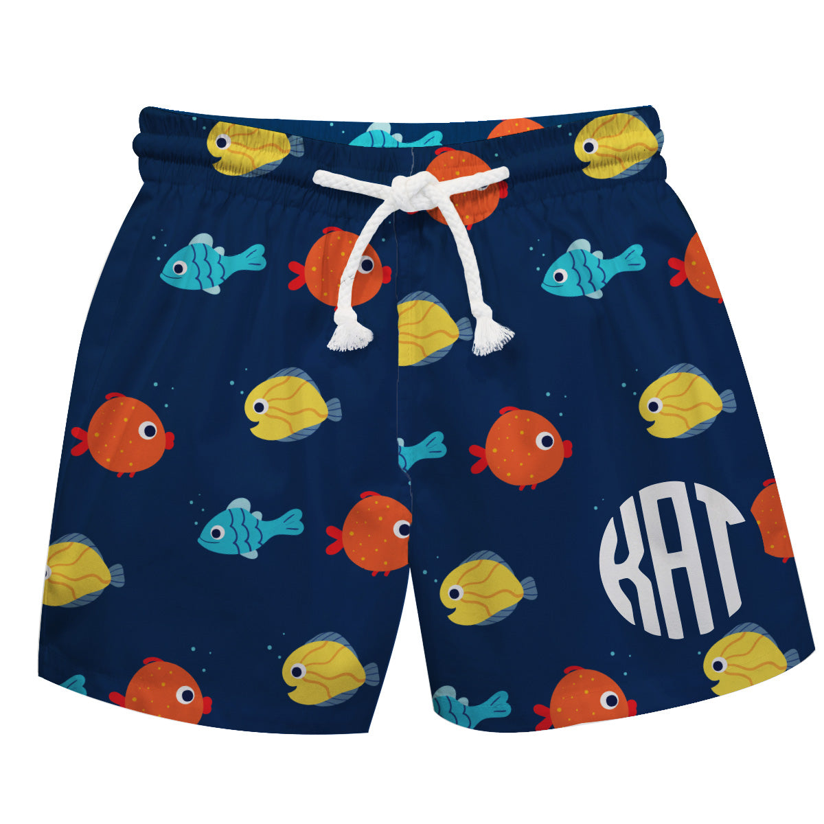 Fish Print Personalized Monogram Navy and Orange Swimtrunk