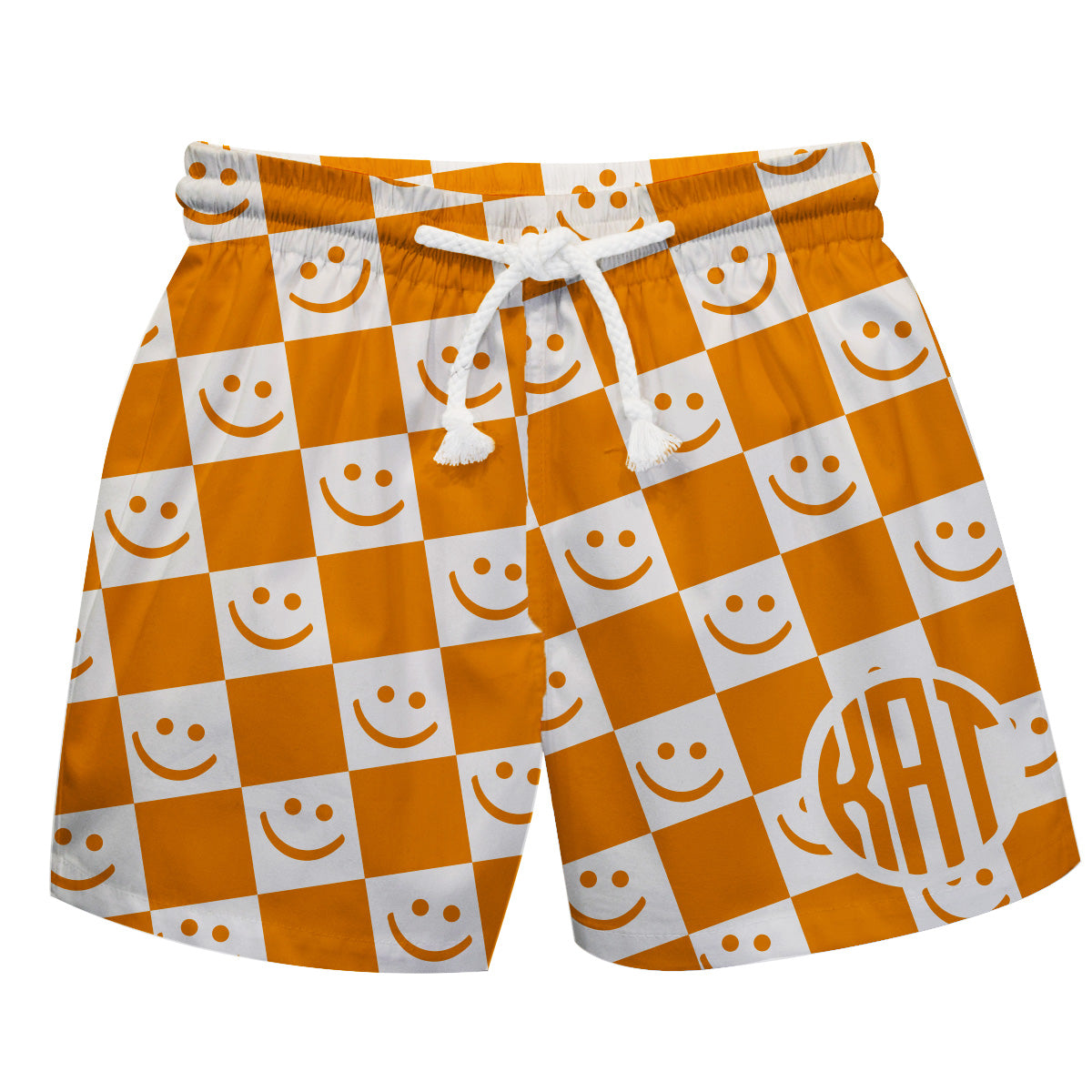 Check Happy Face Print Personalized Orange and White Monogram  Swimtrunk