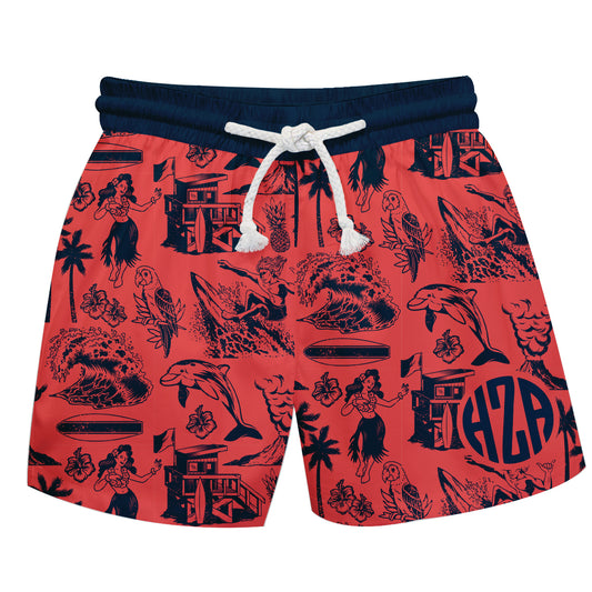 Hawaiiana Print Personalized Monogram Coral Swimtrunk