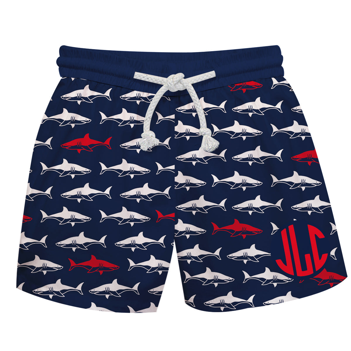 Sharks Print Personalized Monogram Navy Swimtrunk
