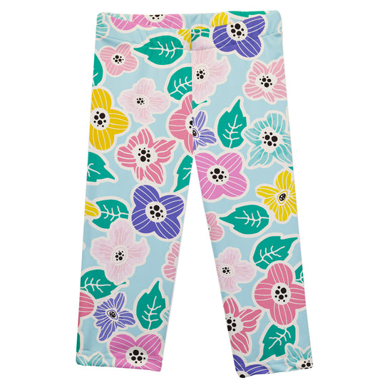 Flowers Print Light Blue Capri Leggings