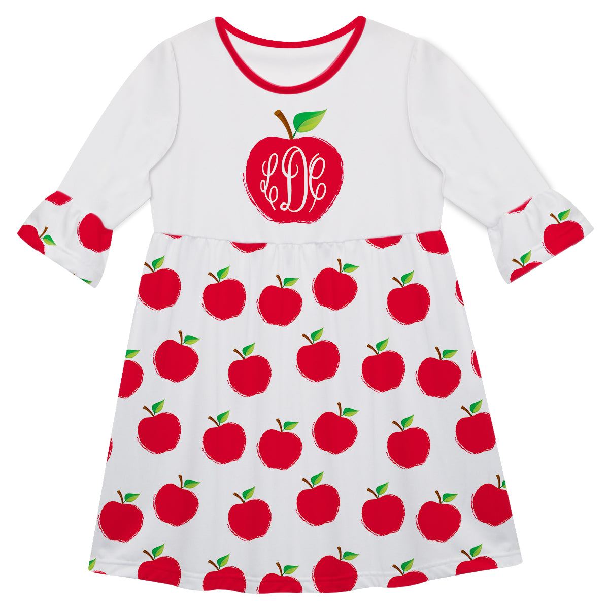 Apples Print Monogram White Amy Dress 3/4 Sleeve - Wimziy&Co.