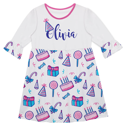 Birthday Party Name White Amy Dress 3/4 Sleeve