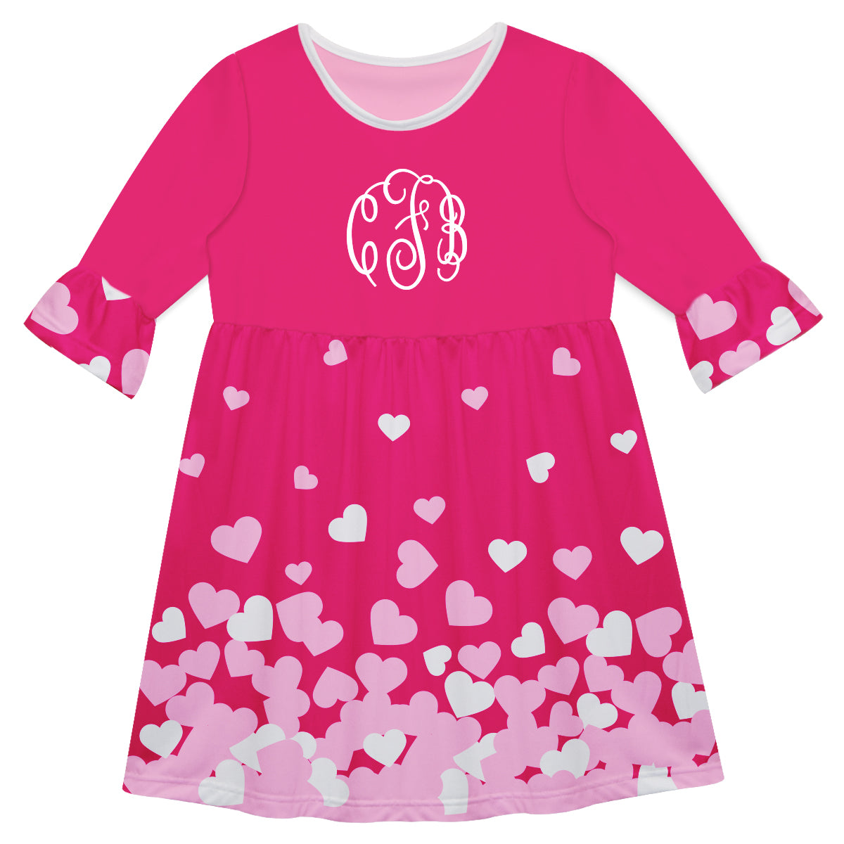 Hearts Print Monogram Hot Pink Amy Dress 3/4 Sleeve