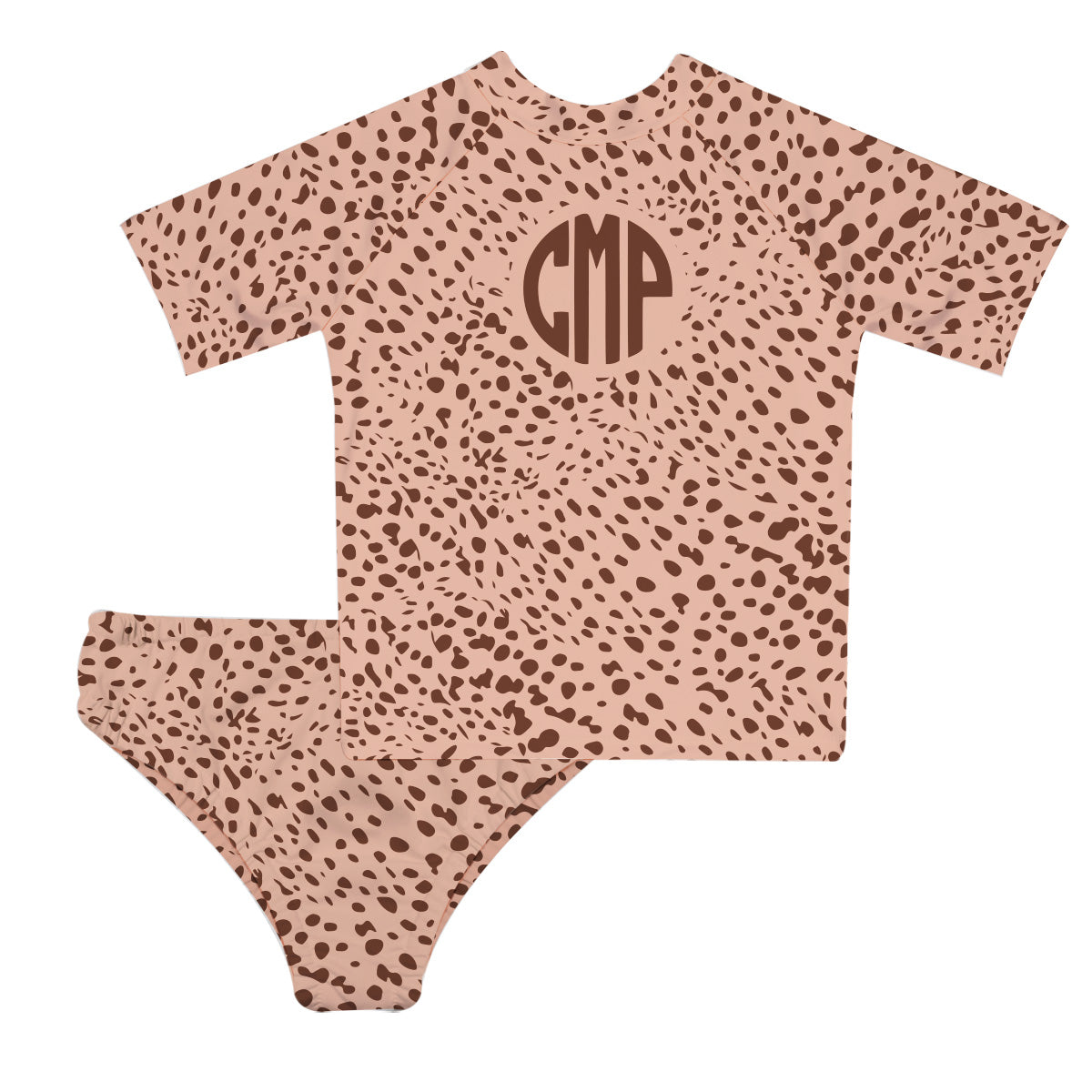 Animal Print Personalized Monogram Light Peach and Brown 2pc Short Sleeve Rash Guard