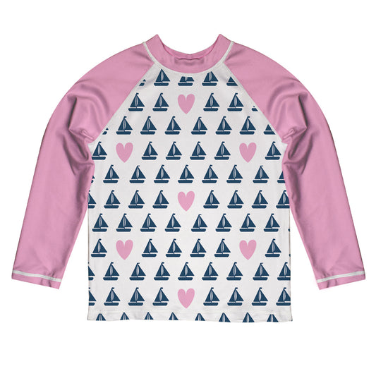 Boats And Hearts Print White And Pink Long Sleeve Rash Guard
