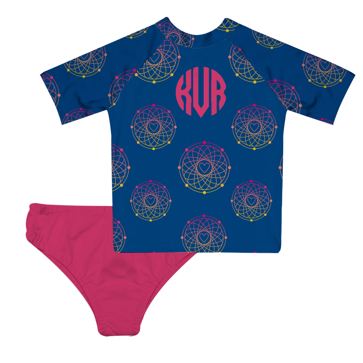 Mandala Print Personalized Monogram Navy and Hot Pink 2pc Short Sleeve Rash Guard