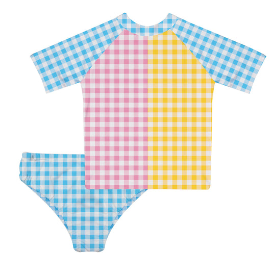 Blue Pink and Yellow Mini Check 2pc Short Sleeve Rash Guard