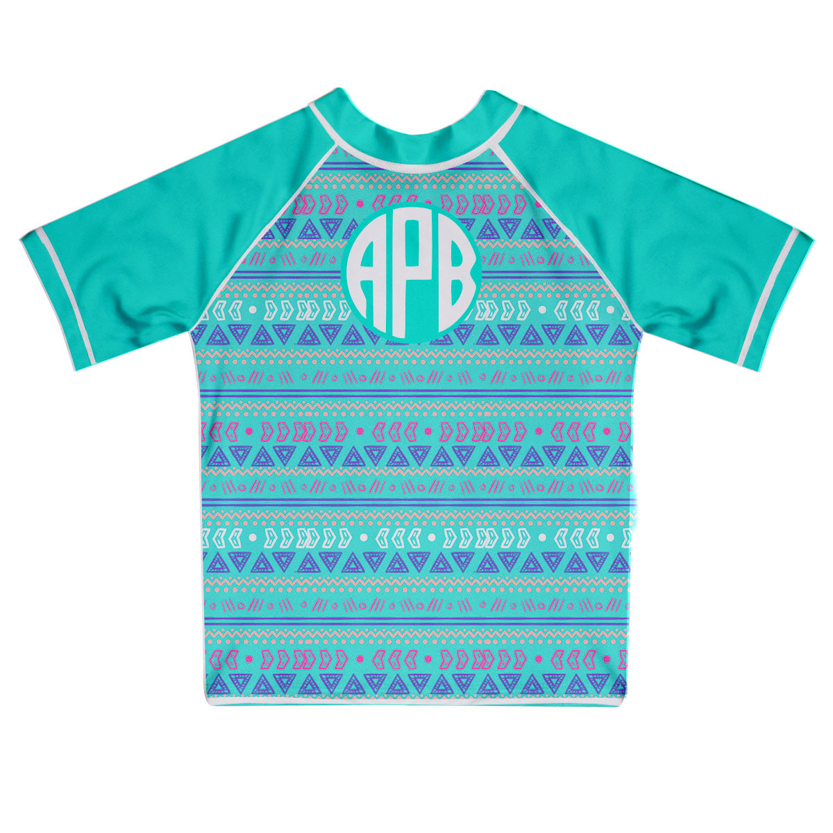 Boho Print Monogram Turquoise Short Sleeve Rash Guard