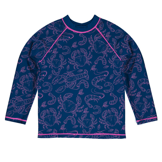 Crabs Print Navy Long Sleeve Rash Guard