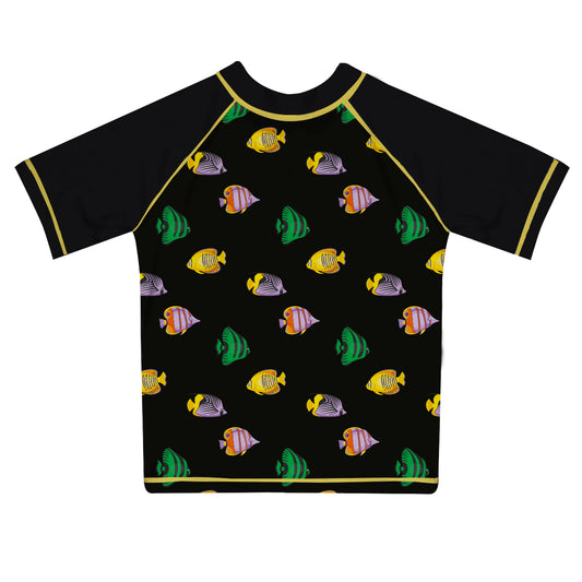 Fishes Print Black Short Sleeve Rash Guard