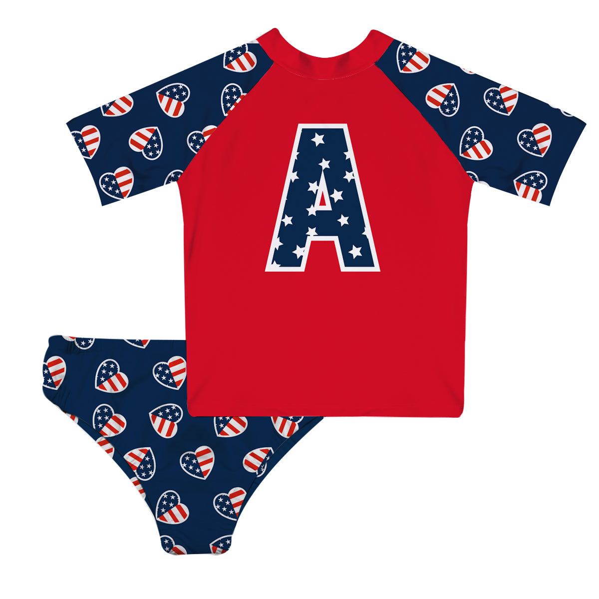 USA Flag Hearts and Initial Name Navy 2pc Short Sleeve Rash Guard - Wimziy&Co.