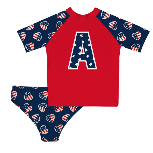 USA Flag Hearts and Initial Name Navy 2pc Short Sleeve Rash Guard - Wimziy&Co.