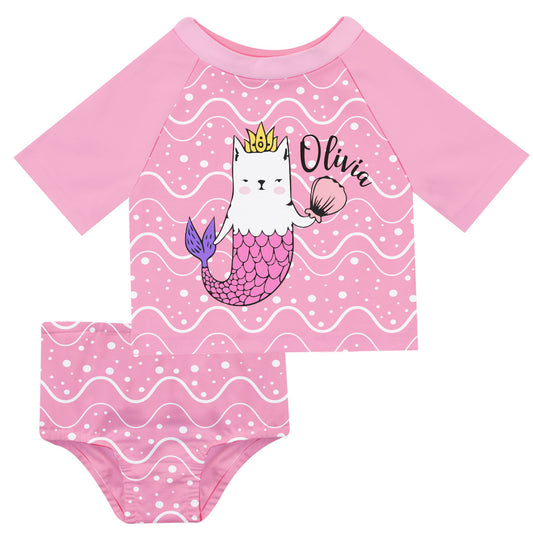 Mermacat Personalized Name Pink 2pc Short Sleeve Rash Guard