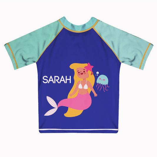Mermaid Name Purple and Light Blue Short Sleeve Rash Guard