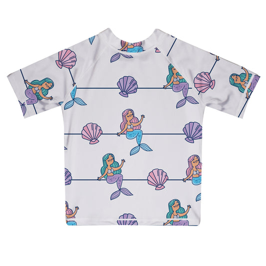 Mermaid and Shell Print White Short Sleeve Rash Guard
