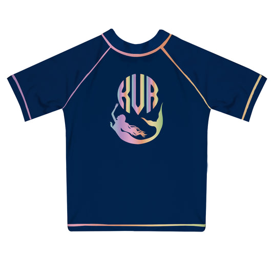 Mermaid Personalized Monogram Navy Short Sleeve Rash Guard