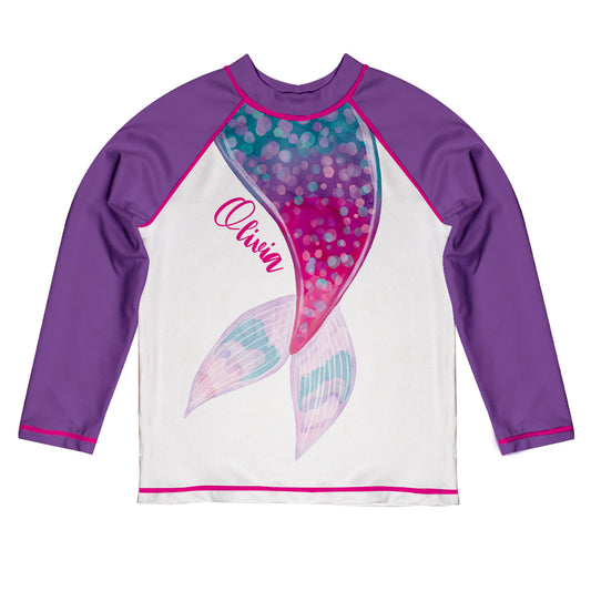 Mermaid Tail Personalized Name White And Purple Long Sleeve Rash Guard