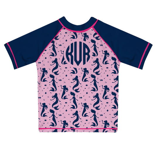 Mermaid Monogram Pink And Navy Short Sleeve Rash Guard