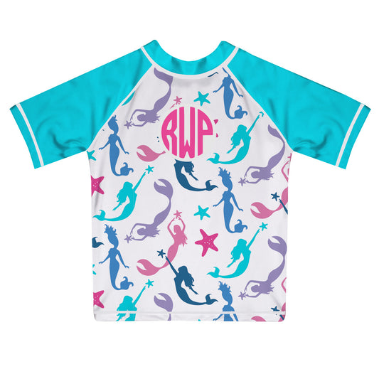 Mermaids Print Monogram White and Aqua Short Sleeve Rash Guard