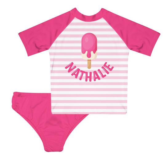 Popsicle Personalize Name White and Pink 2pc Short Sleeve Rash Guard